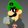 Avatar of a Mr. L - like personal character. Has a green hat with a black and green logo of a backwards L, a Luigi-similar face with a black mask, a gray hoodie with rainbow tassels and cuffs with a mushroom logo on the front. The avatar is giving a thumbs up with a slight smile.