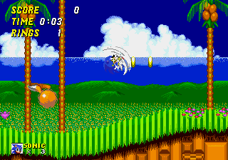 A screenshot of Sonic 2 with Knuckles, a ROM Hack of Sonic the Hedgehog 2 for the SEGA Mega Drive/Genesis. In this Screenshot, Sonic and Tails are in Emerald Hill, and Sonic is performing the Insta-Shield from Sonic 3.